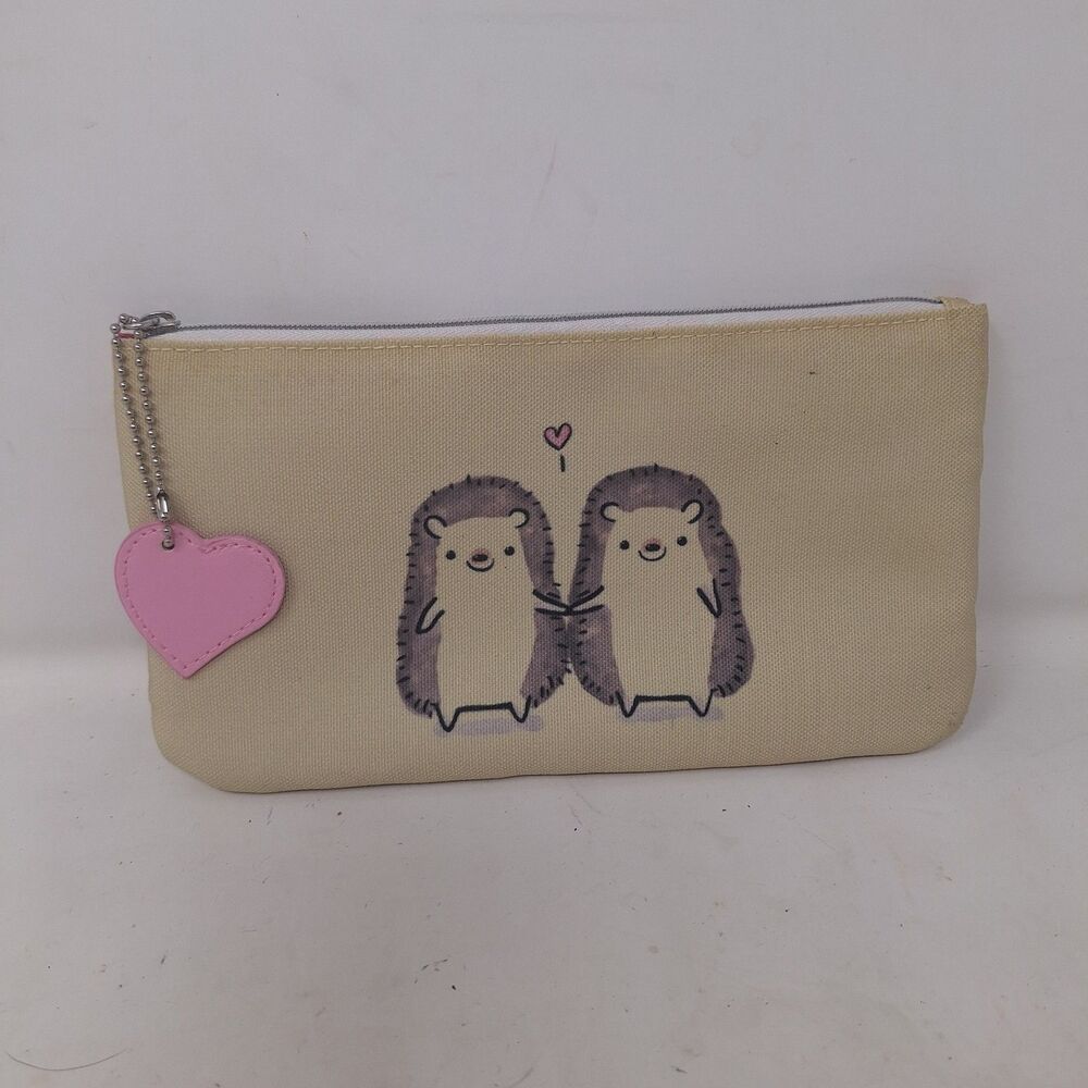 Hedgehogs Holding Hands Pencil Makeup Pouch Kawaii Beige Heart Zipper Closure